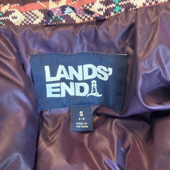 Lands End Fair Isle 600 down fill Puffer Vest Purple Moose Nordic SZ Small 6-8 - Picture 7 of 8